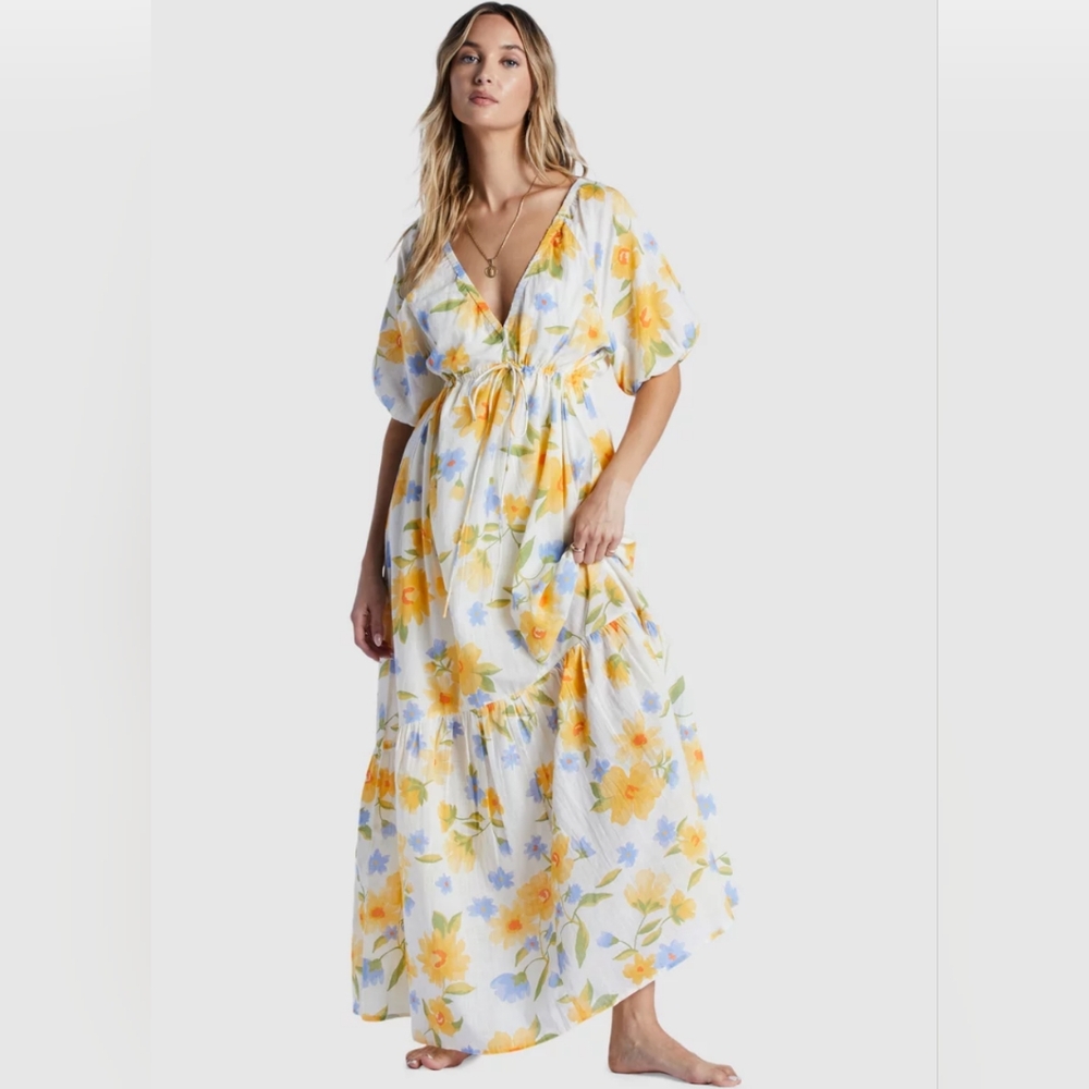 Billabong Lost In Love White Maxi Dress with Yellow and Blue Florals Sz Sm